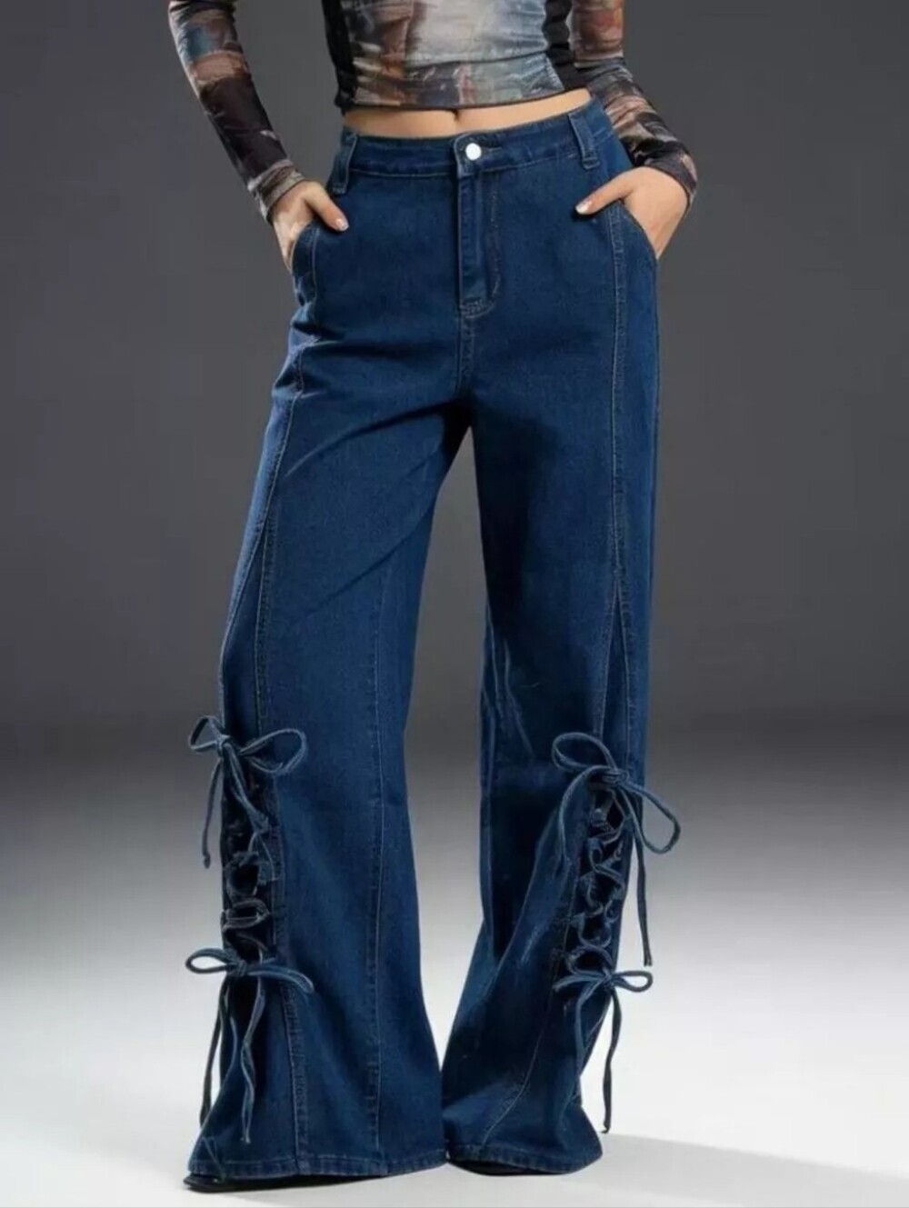 Lace-Up Wide Leg Jeans - Picture 2 of 8